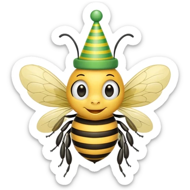 a Bee with green Birthday Hat, Happy bee with striped party hat sticker