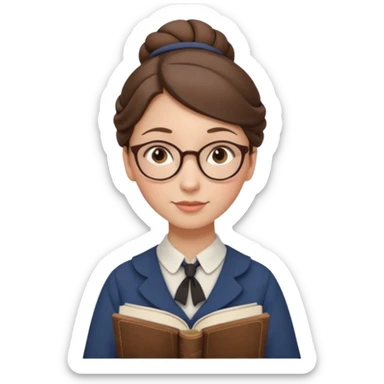a young female teacher, modest, poor, kind, 20th century clothes, holding an English book, her brown hair tied in a bun, she is without glasses sticker