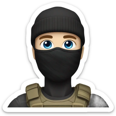 male, pale skin, call of duty black face mask, camo tactical gear, combat boots, black beanie, blue eyes sticker