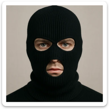 a white male face covered by a black ski mask, minimal background sticker