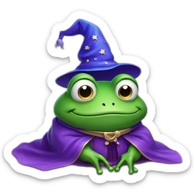 A frog wearing a purple robe and a blue wizard hat with stars on it sticker