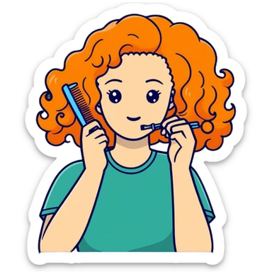 curly woman with orange hair combing her hair sticker
