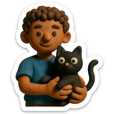 young male with brown light skin, slightly curly hair, holding a black cat sticker