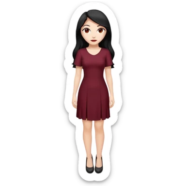 Chica blanca ,ojos marrones, vestido granate largo sexy manga corta,  cuerpo entero pelo negro y largo zapatos negros sexys sticker