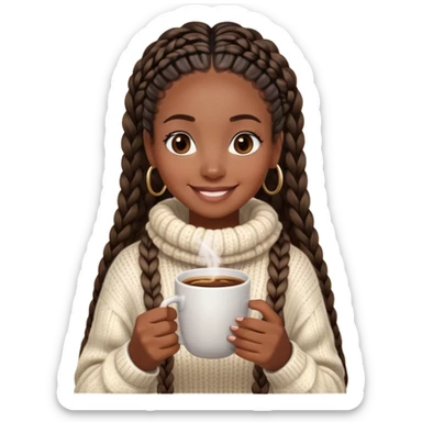 A dark-skinned Black woman with long box braids, holding a steaming coffee cup with both hands, wearing a cozy sweater, smiling. sticker