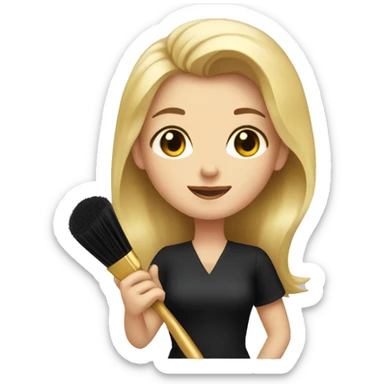 A blonde tall girl with a black apron and gold hair brush in a hand sticker