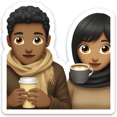 LIGHT BROWN SKIN BOY, with SHORT STRAIGHT BLACK HAIR and a TAN SKIN GIRL, with BLACK HAIR and BANGS, inside the same blanket sipping coffee sticker