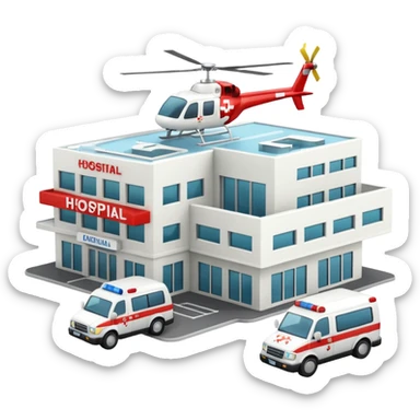 3d hospital outside, with text hospital, ambulance, helicopter , no background sticker