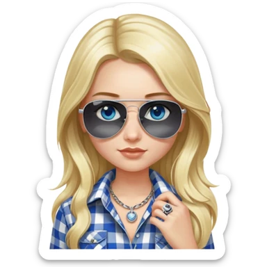 girl with long blond hair, wearing black and white plaid shirt, with blue eyes and aviator sunglasses, wearing a ring on her silver necklace around her neck sticker