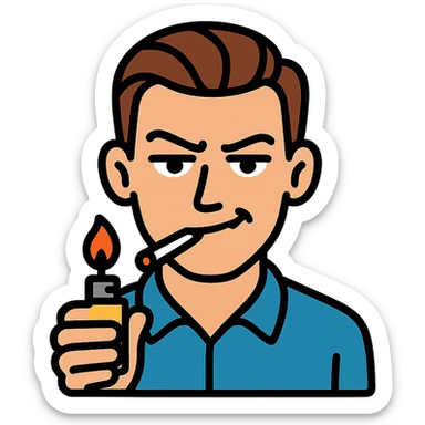 a guy with hazel eyes and slicked back brown hair stay with a lighter and a cigarette in his mouth with a sly expression on his face sticker