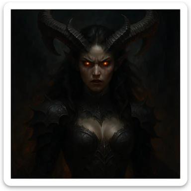demon queen with horns and brown hair, fierce expression, glowing eyes, fantasy art sticker