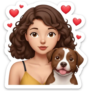 20 year-old young woman with brown hair, medium to dark brown hair, semi long with a little curl and not skinny not fat just a little pudgy sits in the floor with her dog who is a medium brown that looks maybe like a little pitbull in it with hearts, flying all around as she loves on him sticker