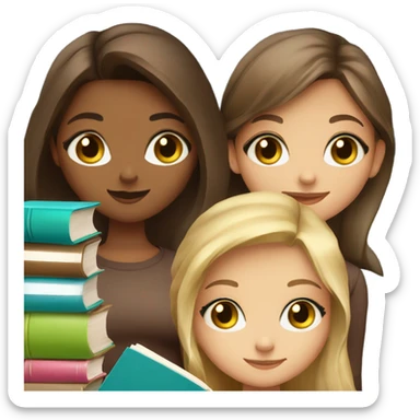 4 cute girls with cute books. 2 girls blonde with green eyes. 1 brunette with blue eyes and 1 brunette with brown eyes. all holding books sticker