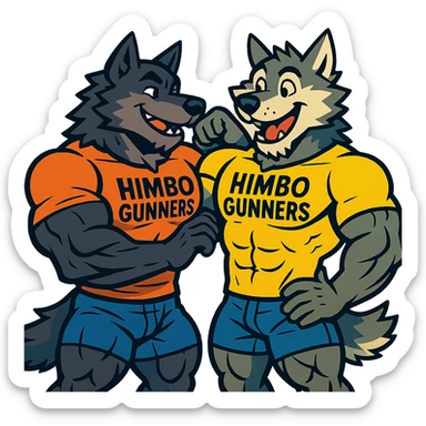 two extremely muscular wolf furries wearing t-shirts that say 'Himbo gunners', touching each other's muscles, friendly and playful expressions, highly detailed fur and anatomy, ultra high quality sticker