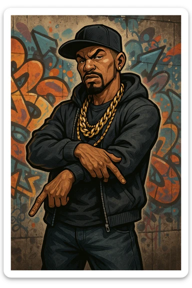 gangster character, urban street style, gold chains, confident pose sticker
