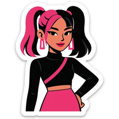 Blackpink-inspired K-pop avatar, pink and black color scheme, trendy hairstyle, confident expression, modern pop style sticker