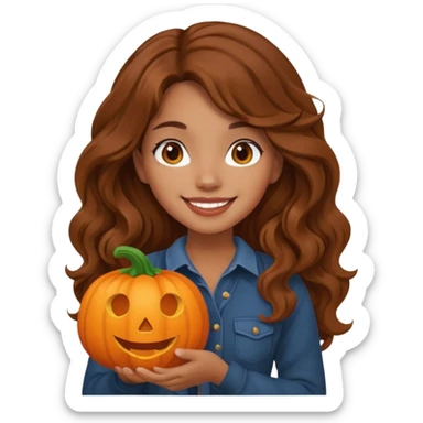 Cozy mixed girl with long wavy brown hair dressed for fall holding a pumpkin  sticker