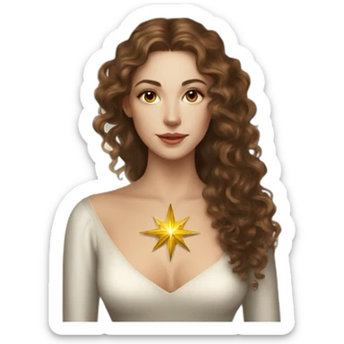 white young elegant woman with long brown curls and a tarot card that has a golden star sticker