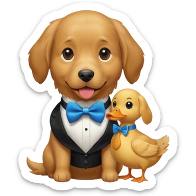 A dog holding keys in one hand and a duck in the other, all with a half-red, half-blue bow tie. sticker