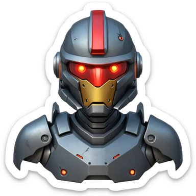futuristic war robot portrait, head and shoulders only, aggressive design, sharp armor edges, glowing red eyes, battle-damaged helmet faceplate, heavy armor collar, intense dramatic lighting, sci-fi metal textures, 3D cartoon, mobile game icon style, clean background, no text, no watermark
 sticker