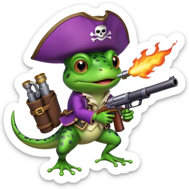 frog with fire gun pirat riding purple rocketin hands sticker