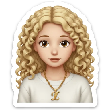 a dirty blonde girl with brown eyes and make her wearing a white sweater and a smallnecklace with I intial with really long curly hair and white skin color, long hair and really big lashes sticker