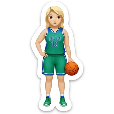 Full Body white plus size Girl coach playing basketball with blonde hair in blue and green uniform sticker