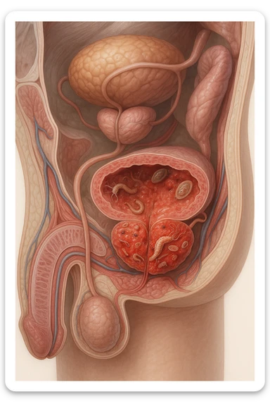 Vertical, hyper-realistic 3D cutaway illustration: the human body is shown in semi-transparent layers, exposing various types of problemi alla prostata a causa dei parassiti sticker