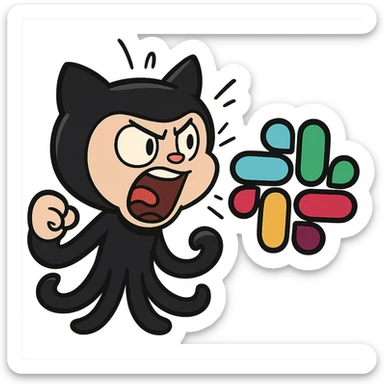 Github Octocat character shouting at the Slack logo, playful and expressive, fun tech sticker, cartoon style, energetic, humorous, dynamic, lively, exaggerated expression, tech mascot crossover sticker