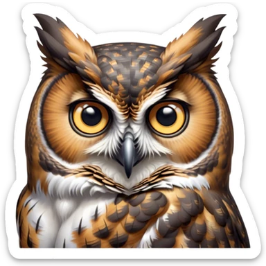 Cinematic Cute Great Horned Owl Portrait Emoji, Head tilted playfully and inquisitively, featuring a lush mottled Fur with intricate patterns of gray and white, round, sparkling golden eyes filled with curious wonder, Simplified yet irresistibly adorable features, highly detailed, glowing with a warm, friendly glow, high shine, affectionate and wise, stylized with a touch of nocturnal whimsy, bright and endearing, soft glowing outline, capturing the essence of a mischievous yet loving owl, so playful it feels like it could glide out of the screen and perch in your arms! sticker