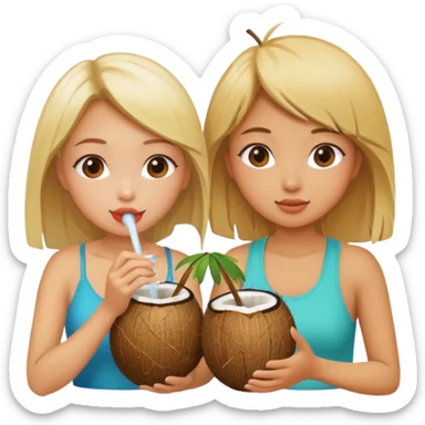 Two girls drinking out of a coconut one is Asian the other one is blonde  sticker