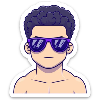 shirtless male athlete with white skin and moderately curly black hair on top with shaved sides, wearing purple sunglasses with black tinted lenses sticker