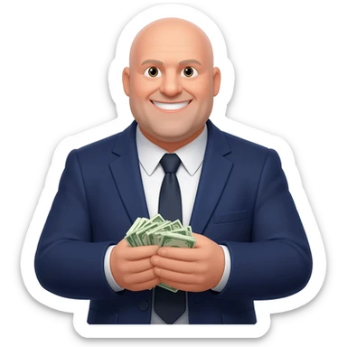 Bald Greek heavy set property manager grabbing his fee as the money comes in sticker
