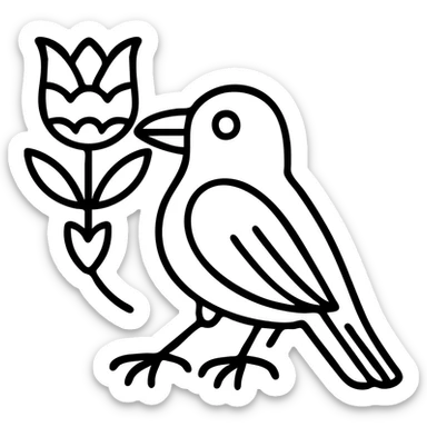 Black crow with bold black outline holding a tulip in Scandinavian folk art style. The tulip uses bright folk colors matching those in the heart motif: red, yellow, blue, green, white. The motif is outlined in black with a simple and clear design. Add a gold accent to the motif or as a detail. Transparent background. Matches the previous heart set style. sticker