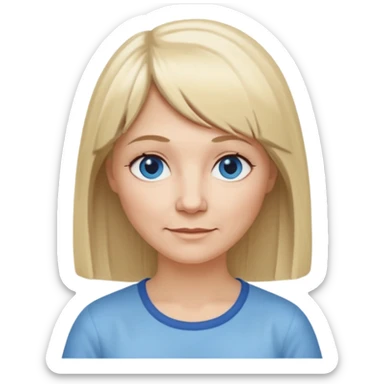 50 yr old white woman, hippie part short bangs, very long straight blond hair, oval face, small smile, blue eyes, thin face, hair downback, hair parted at center of head, round cheeks, pale, longer hair, white shirt sticker