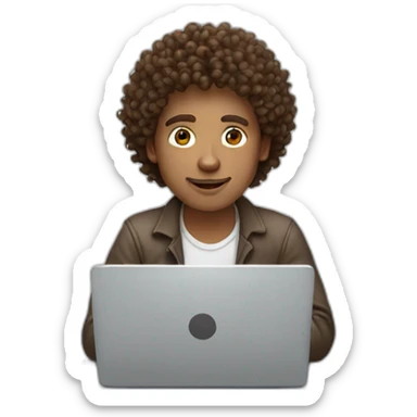 brown curly hair white skin man working on laptop sticker