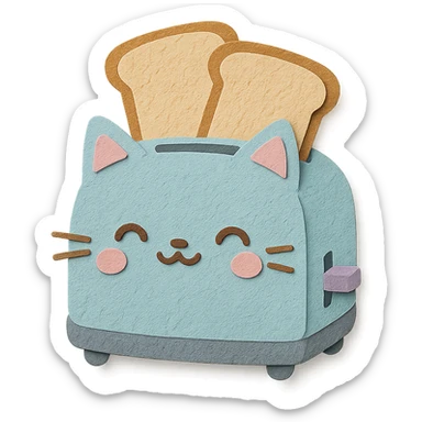 chibi toaster with cat features, two toast slices popping out, sweet smile, soft pastel colors, full-body sticker