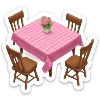 Wood table and chairs with a pink table cloth sticker