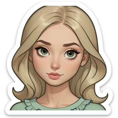 Emoji girl with small close-set blue eyes and eyeliner, long and straight eyebrows, long round nose, wide not full lips, long oval face shape, long blonde hair in cute ruffle beige top sticker