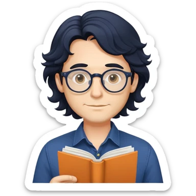 Man with longer wavy black hair, round glasses, dark blue buttoned shirt, holding program booklet for a play sticker