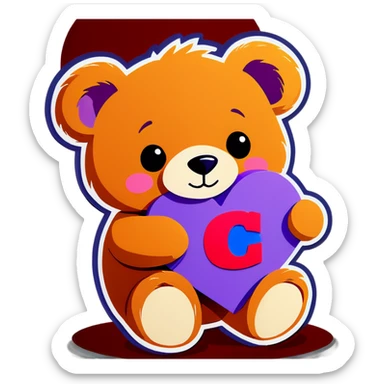 teddy bear holding a lilac heart with the letter C inside the heart sticker