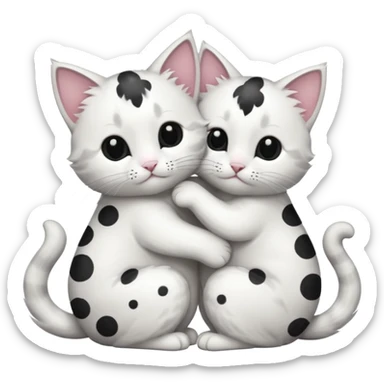 two white cats with black spots hugging each other sticker