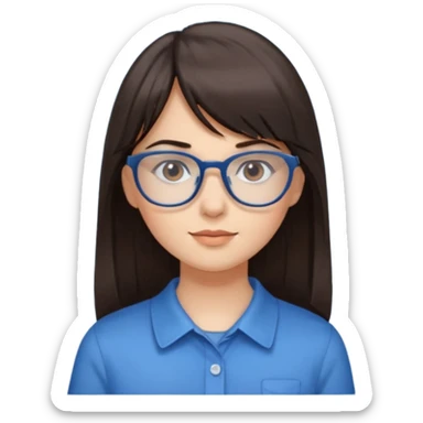 Girl with long dark brown hair and straight bangs is wearing  glasses and a blue shirt  sticker