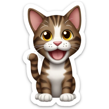 smiling dark brown tabby cat waving paw sticker