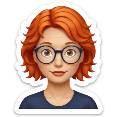 Norwegian woman, middle-aged, red-orange wavy hair tied to the left, large round glasses, friendly look sticker