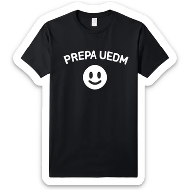 black short-sleeve T-shirt with the words “prepa udem” printed in small white text on the chest. The shirt has a simple, casual fit and a clean, minimalist look. sticker