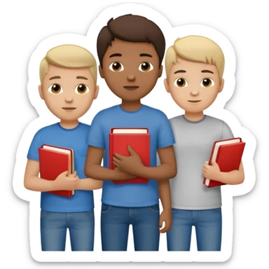 generate a group of 3 boys, all different looking.Holding books. one of them calling on a mobile sticker