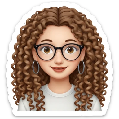 cute whilte girl with not volominous VERY LONG curly hair with balayage, brown eyes, full lips, natural clean girl makeup and hoop earrings and glasses sticker