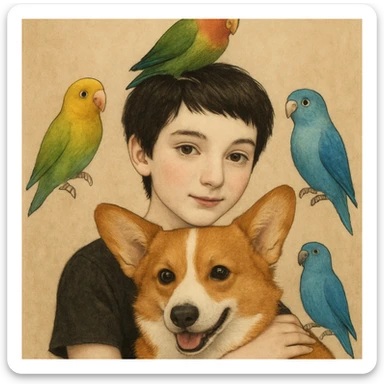 Dark short hair, dark brown eyes with pale skin and thin eyebrows girl hugging a welsh corgi. And a green-reddish lovebird on her head with yellow, blue love birds around her. sticker