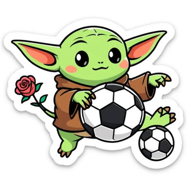 baby yoda kicking a soccer ball with small roses beside him sticker